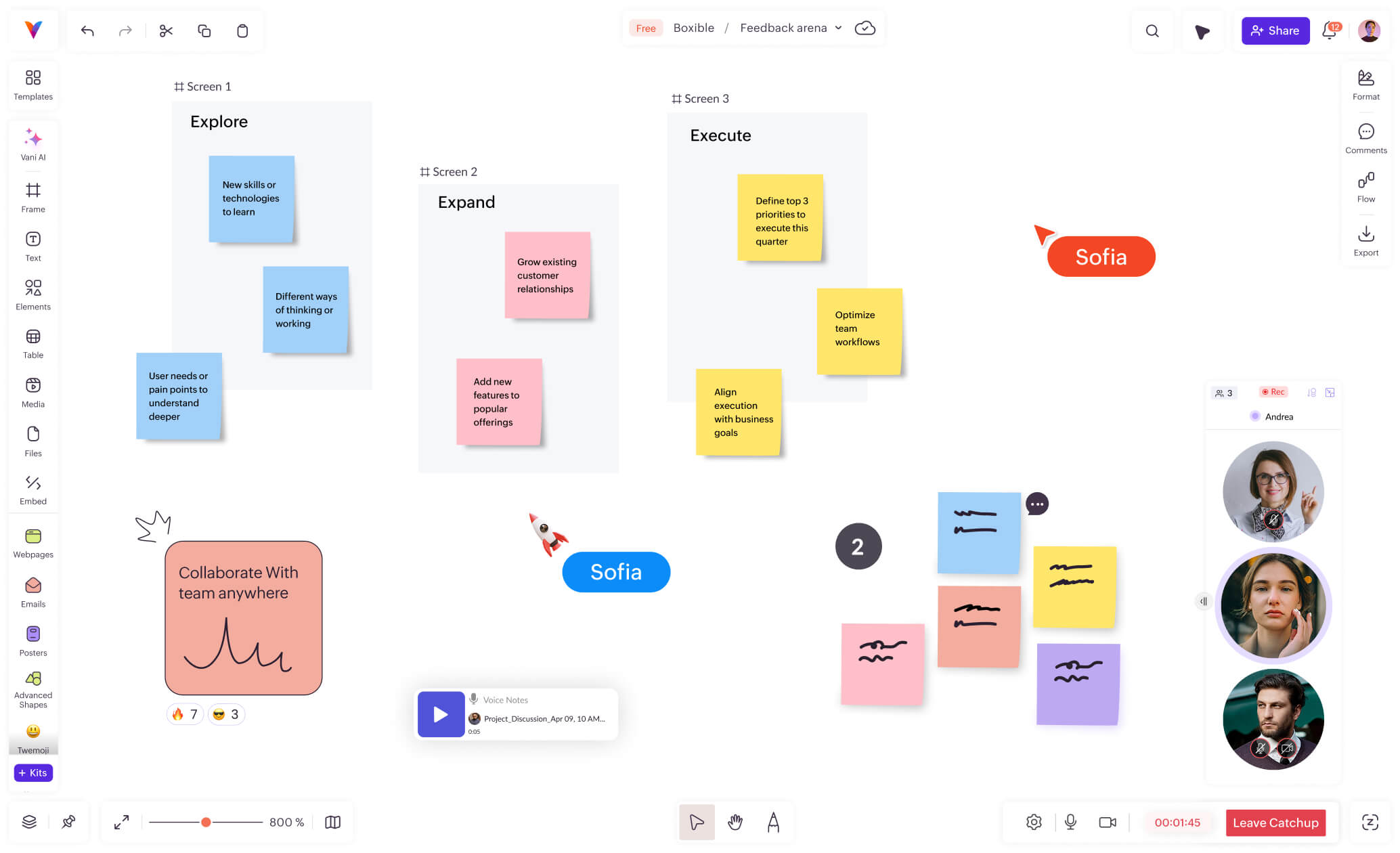 Team collaborating in a shared workspace using comments, voice notes, and live cursors in Vani
