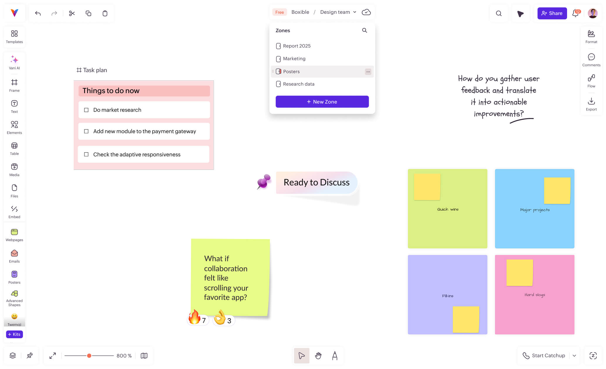 Organized project workspace with task lists, zones, and grouped sections in Vani