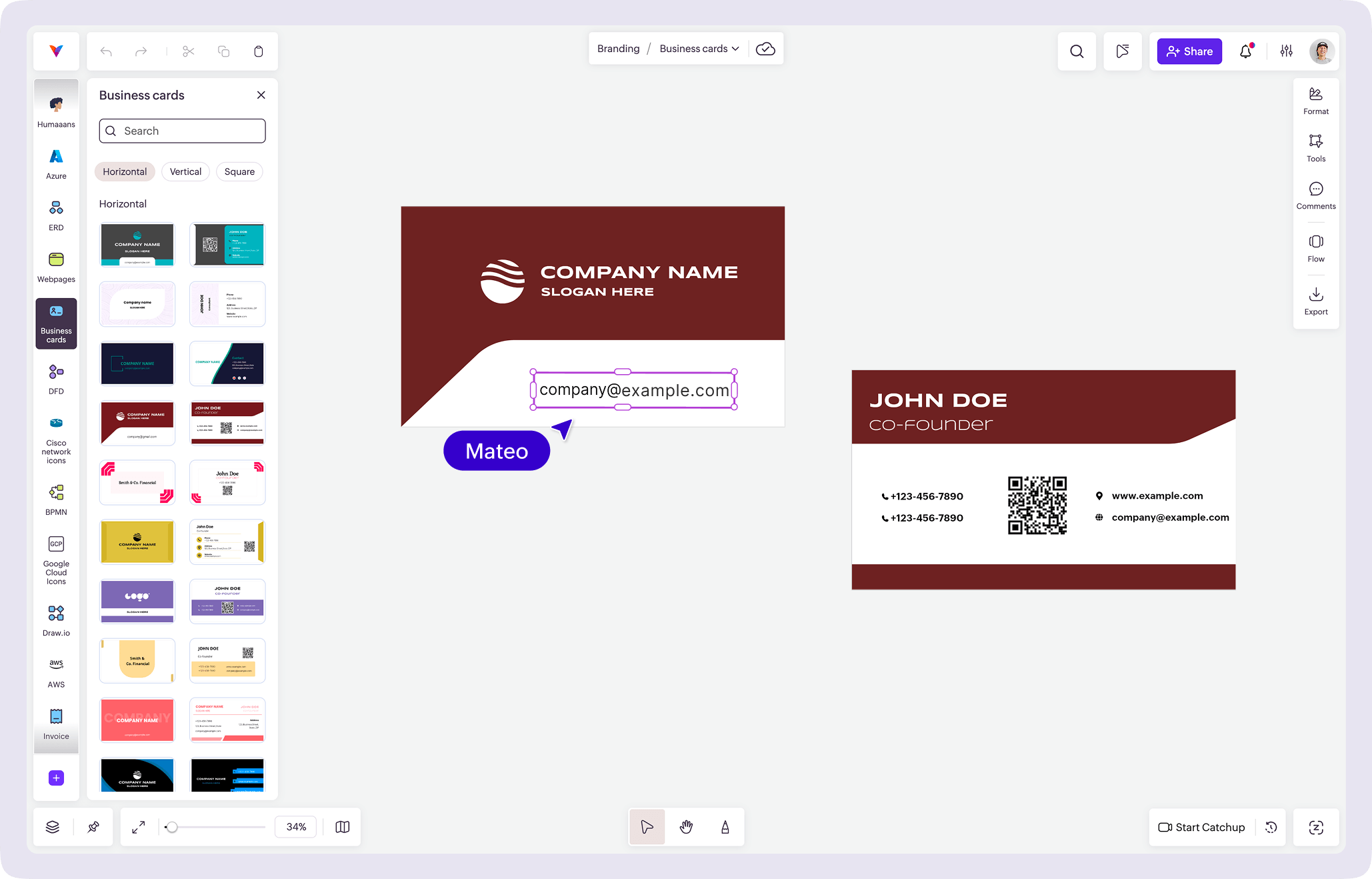 Vani Business cards Kit interface showing editable business card layouts on the infinite canvas