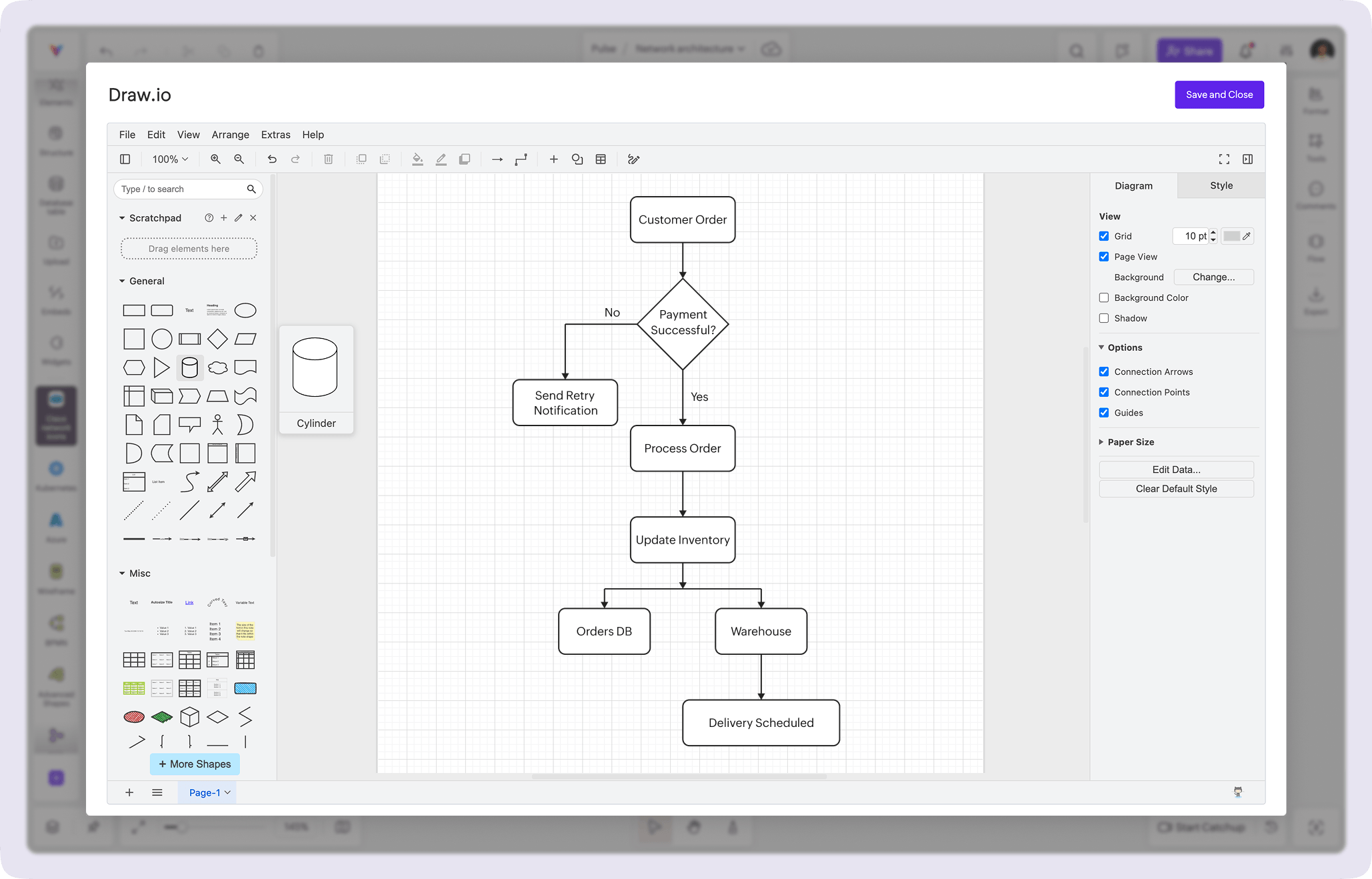 Vani draw.io Kit interface showing the draw.io editor inside a Vani Space