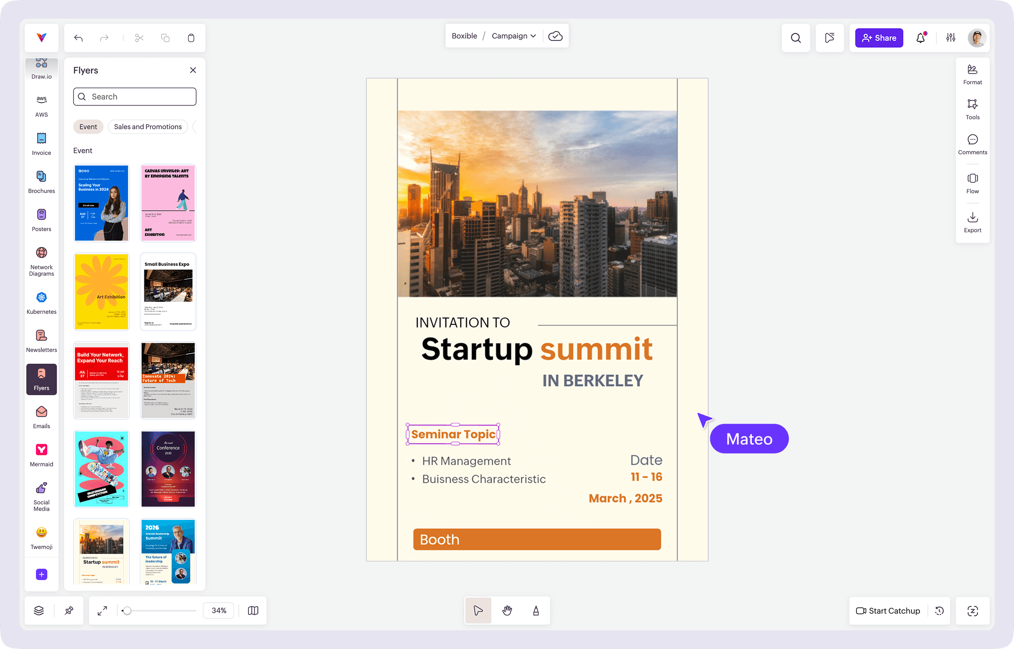 Vani Flyers Kit interface showing editable flyer templates on the infinite canvas