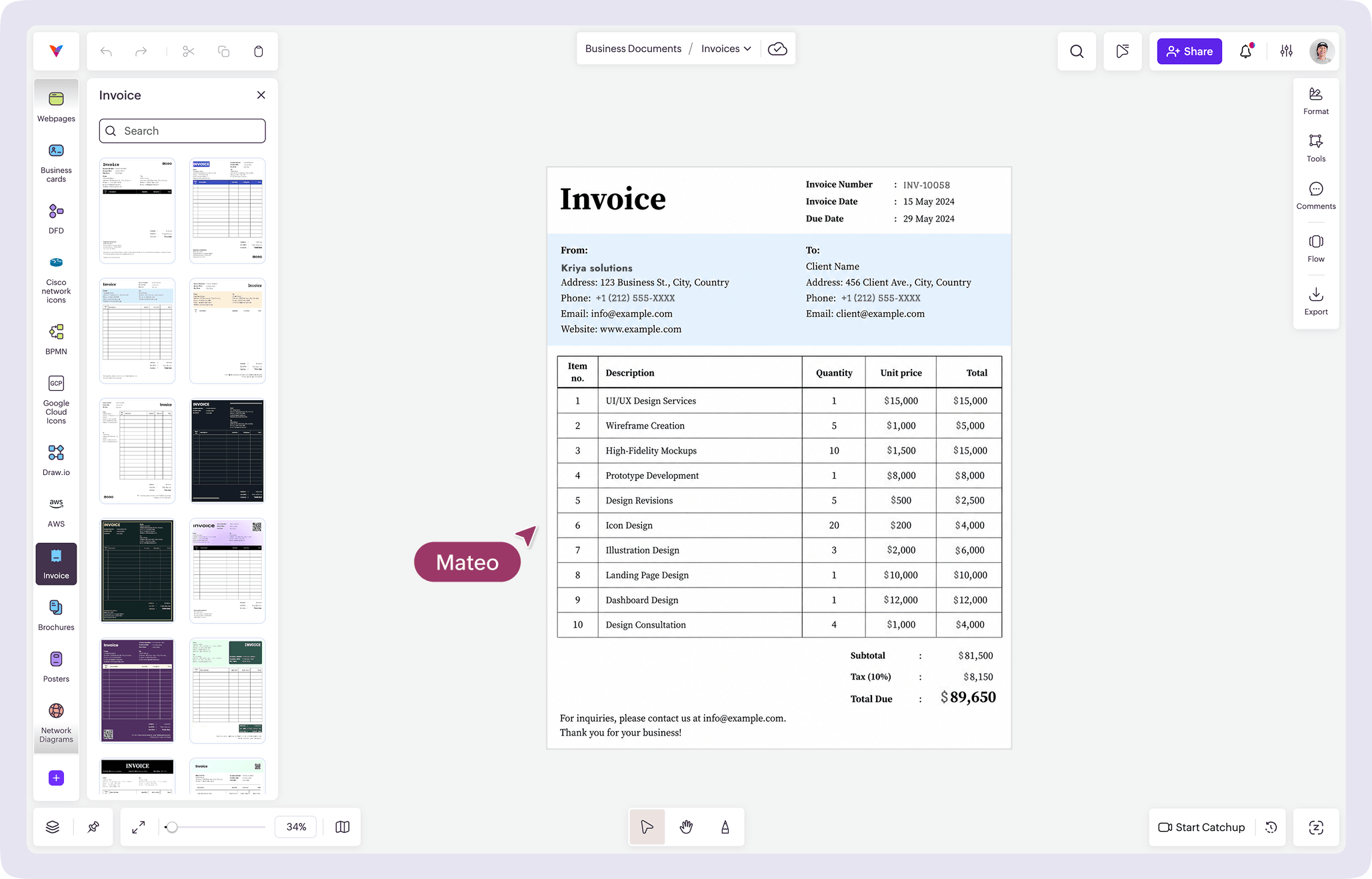 Vani Invoice Kit interface showing editable invoice templates on the infinite canvas