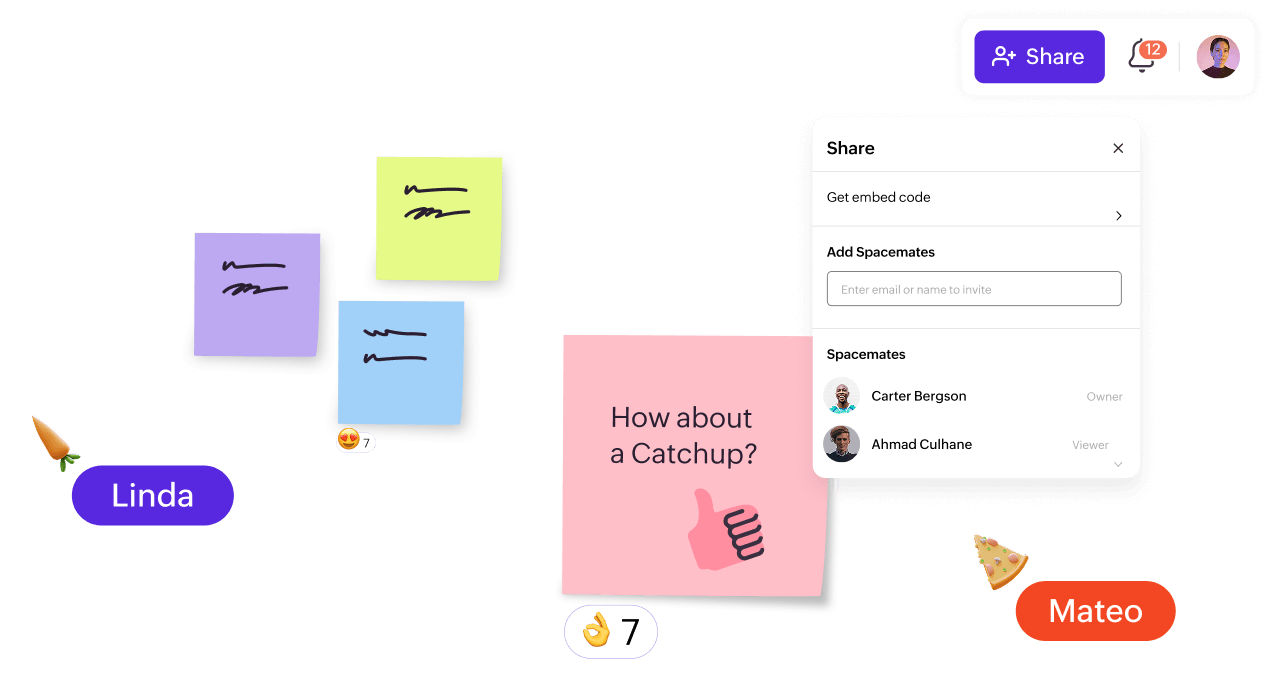 Space share panel open with teammate roles, access permissions, and add Spacemates option