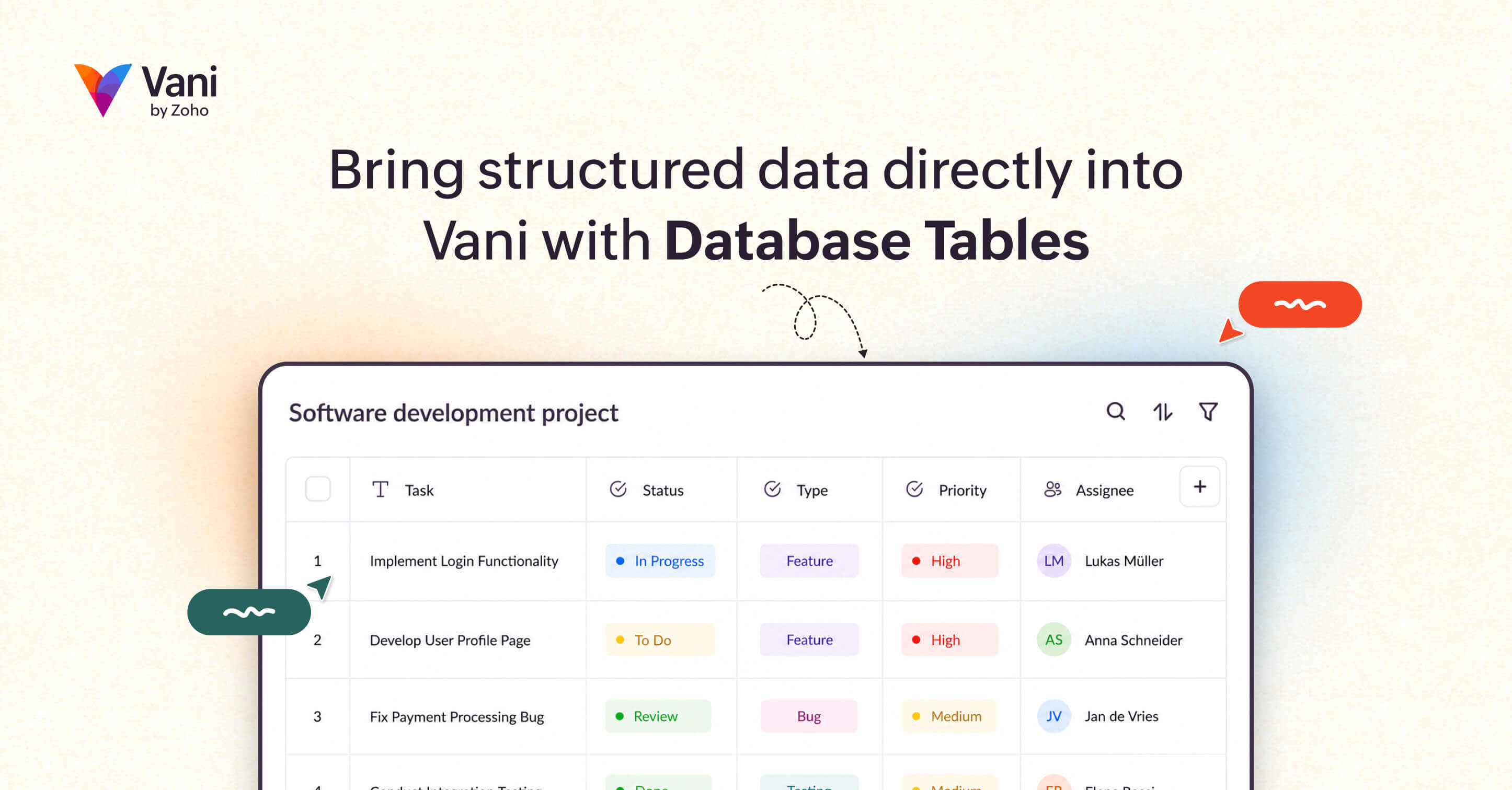 Bring structured data directly into Vani with Database Tables.